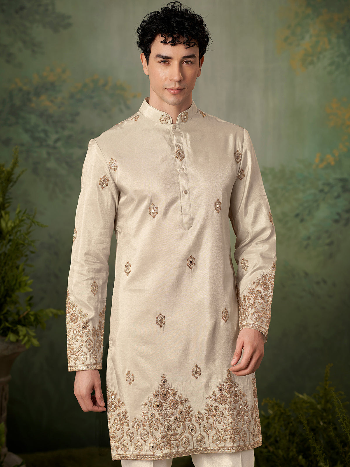 Beige Designer Embroidery Silk Kurta Set