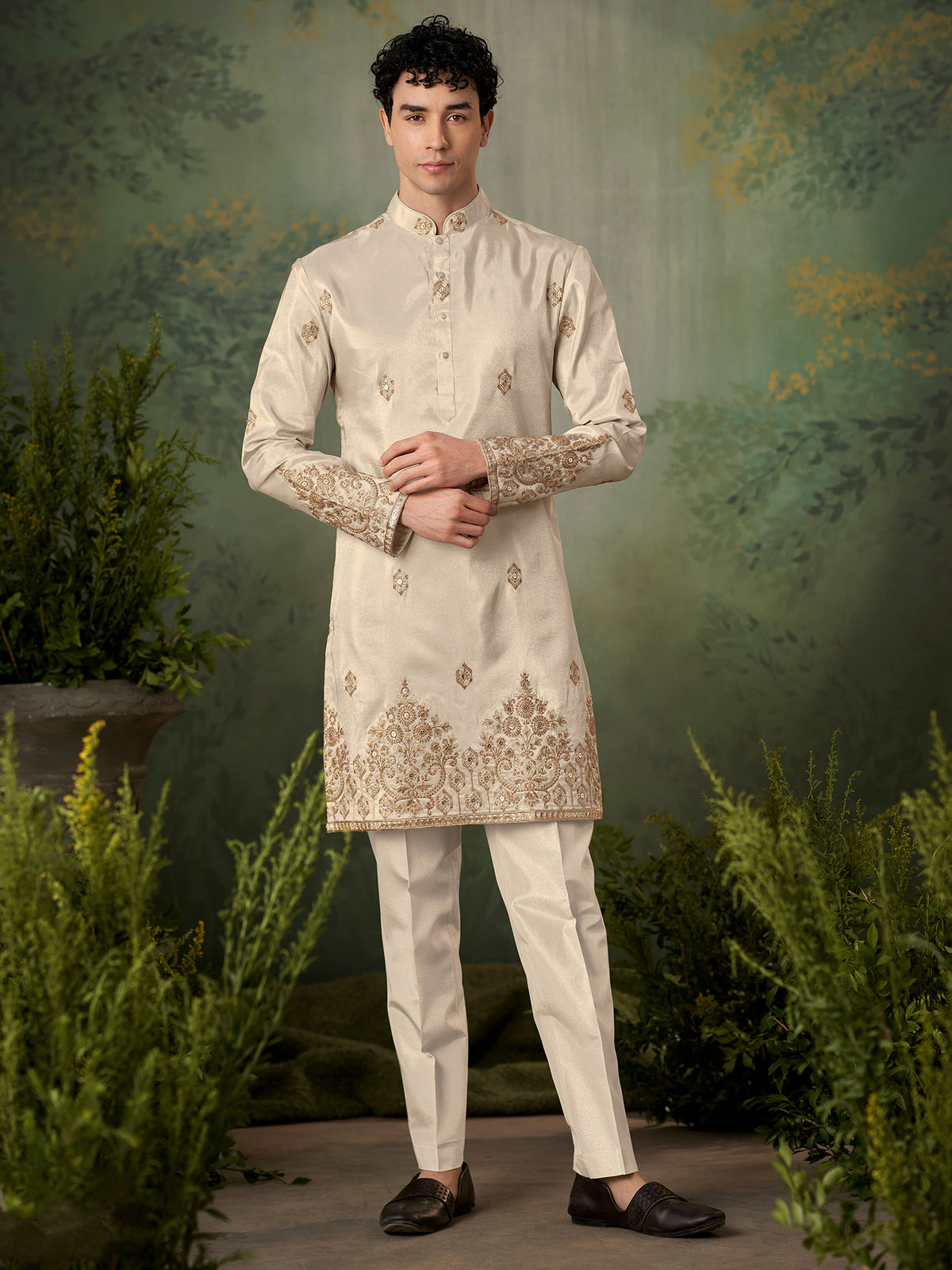 Beige Designer Embroidery Silk Kurta Set