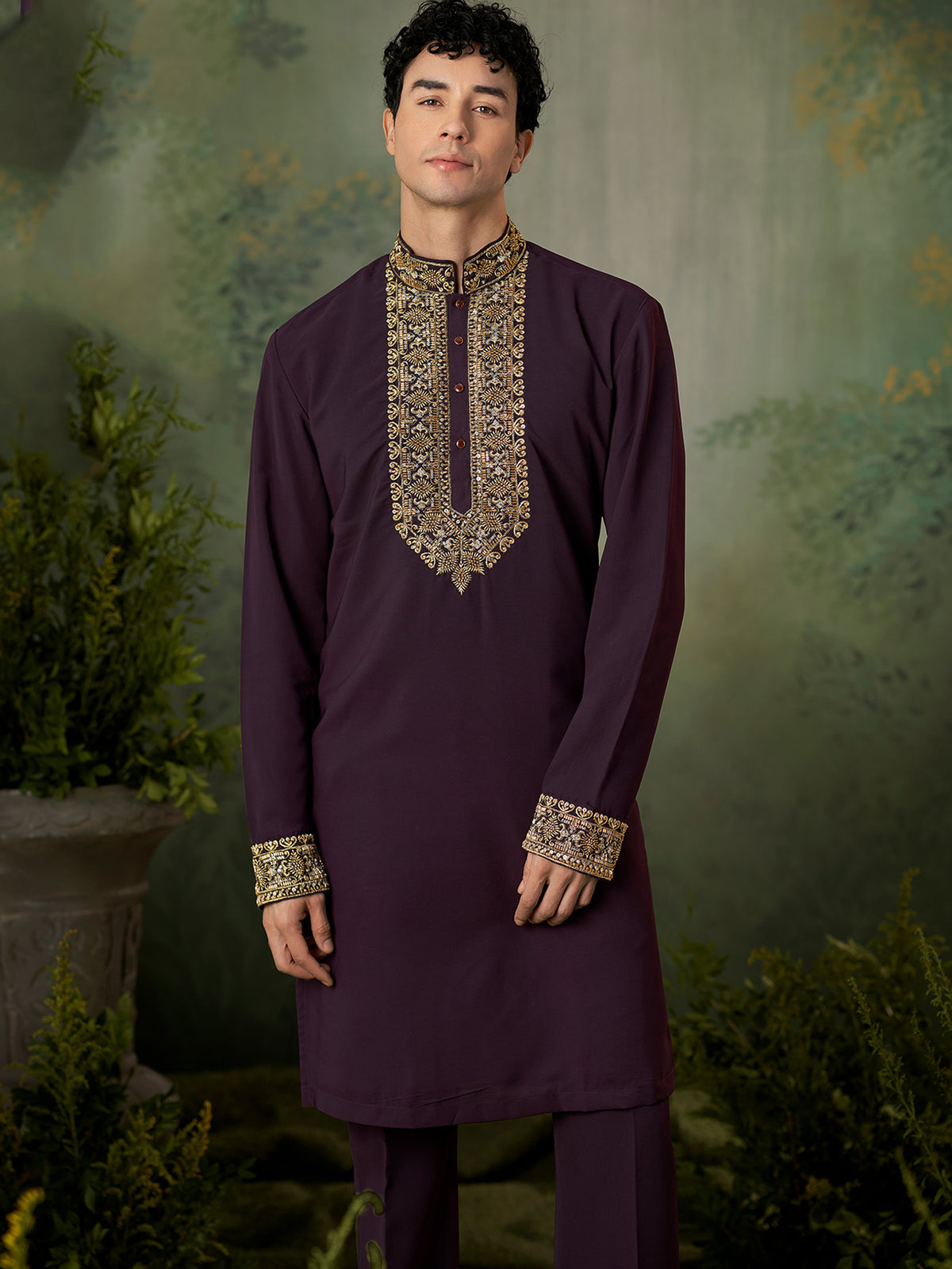 Wine Designer Embroidered Kurta with Trouser