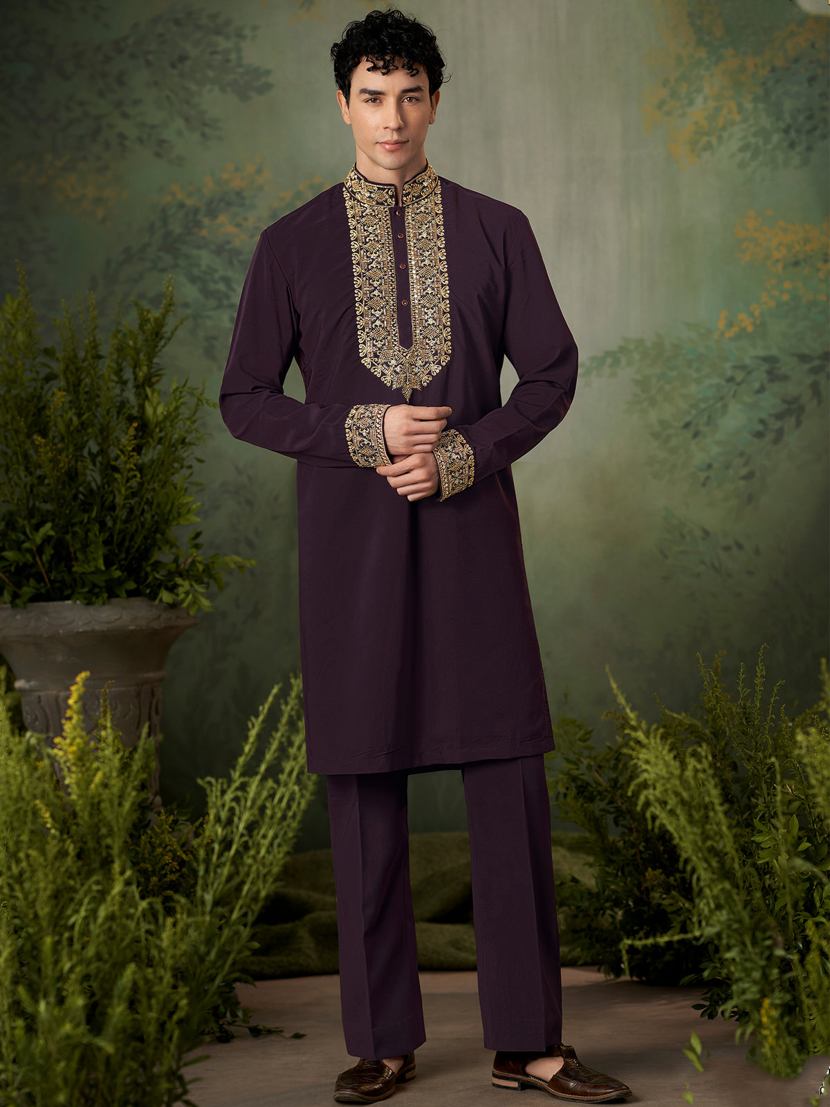 Wine Designer Embroidered Kurta with Trouser