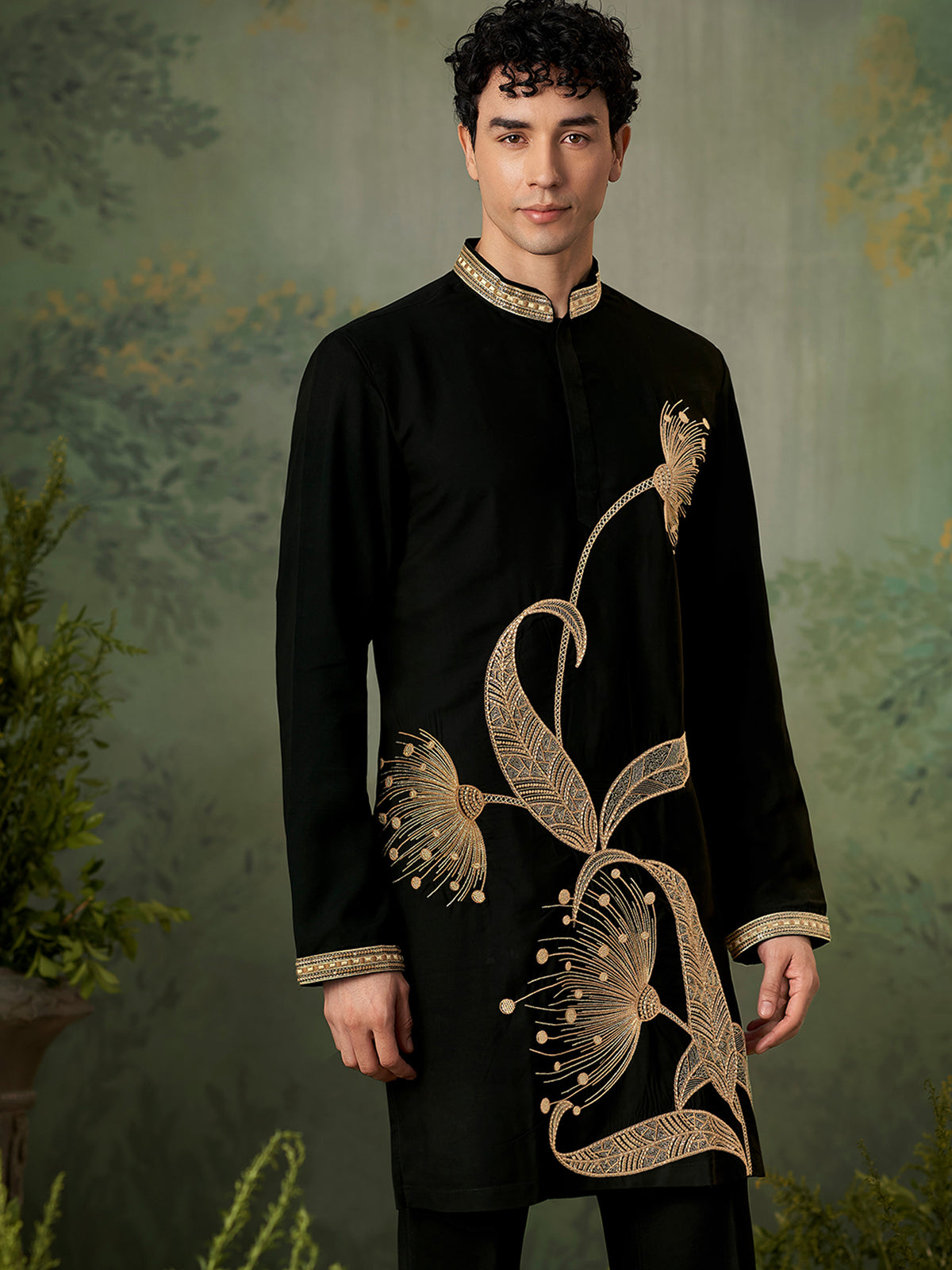 Black Gold Motif Festive Silk Kurta