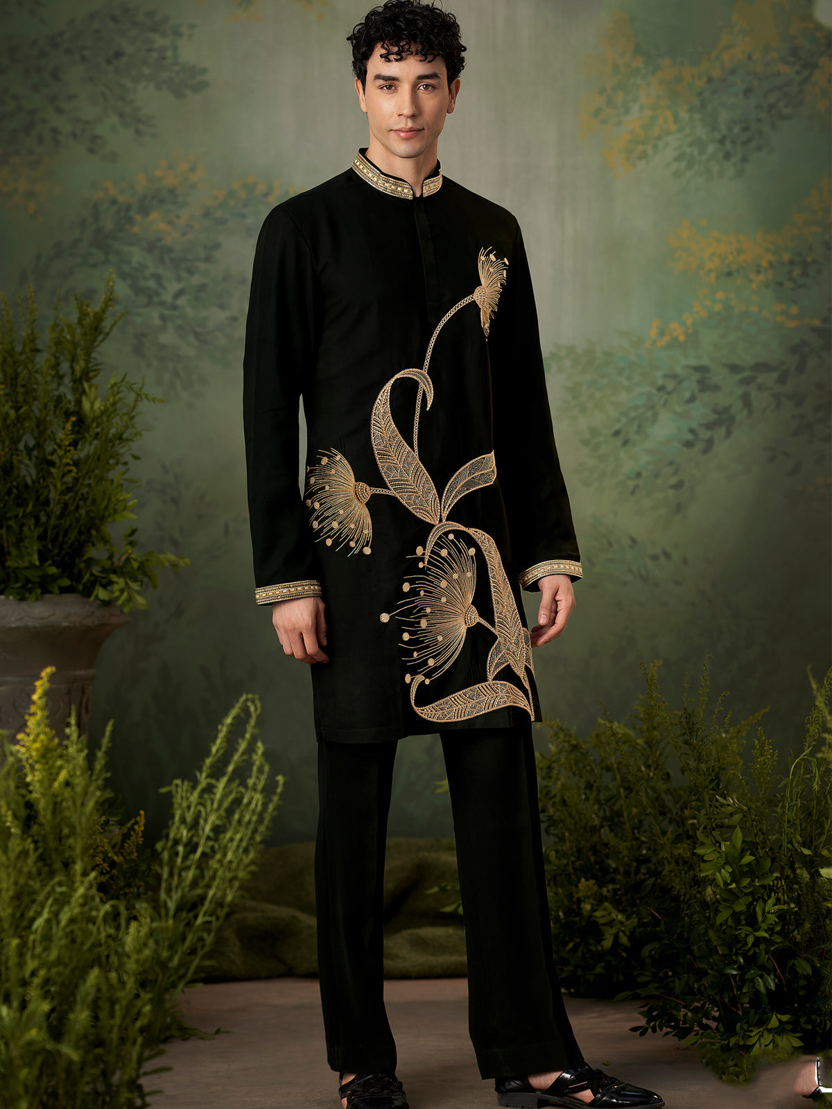 Black Gold Motif Festive Silk Kurta