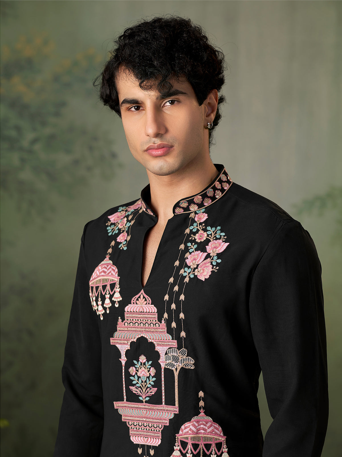Black Multicolour Embroidered Silk Kurta Set
