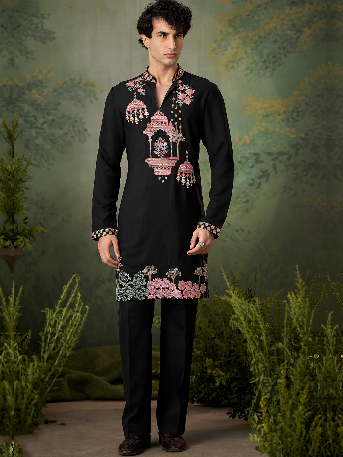 Black Multicolour Embroidered Silk Kurta Set