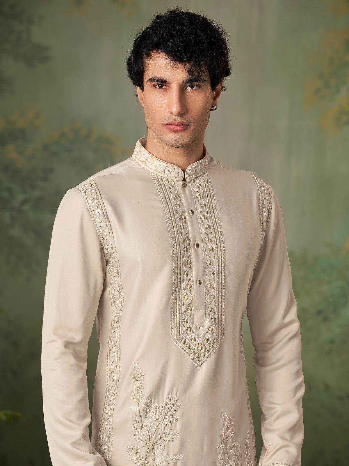 Ivory Gold Embroidery Silk Kurta Pajama