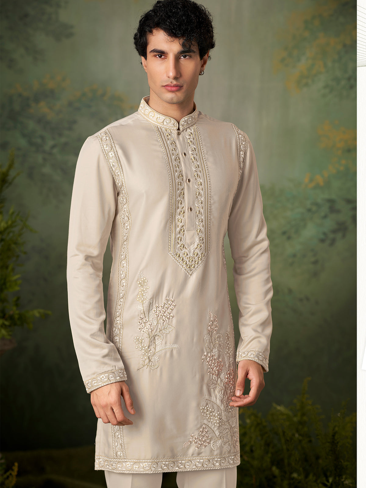 Ivory Gold Embroidery Silk Kurta Pajama