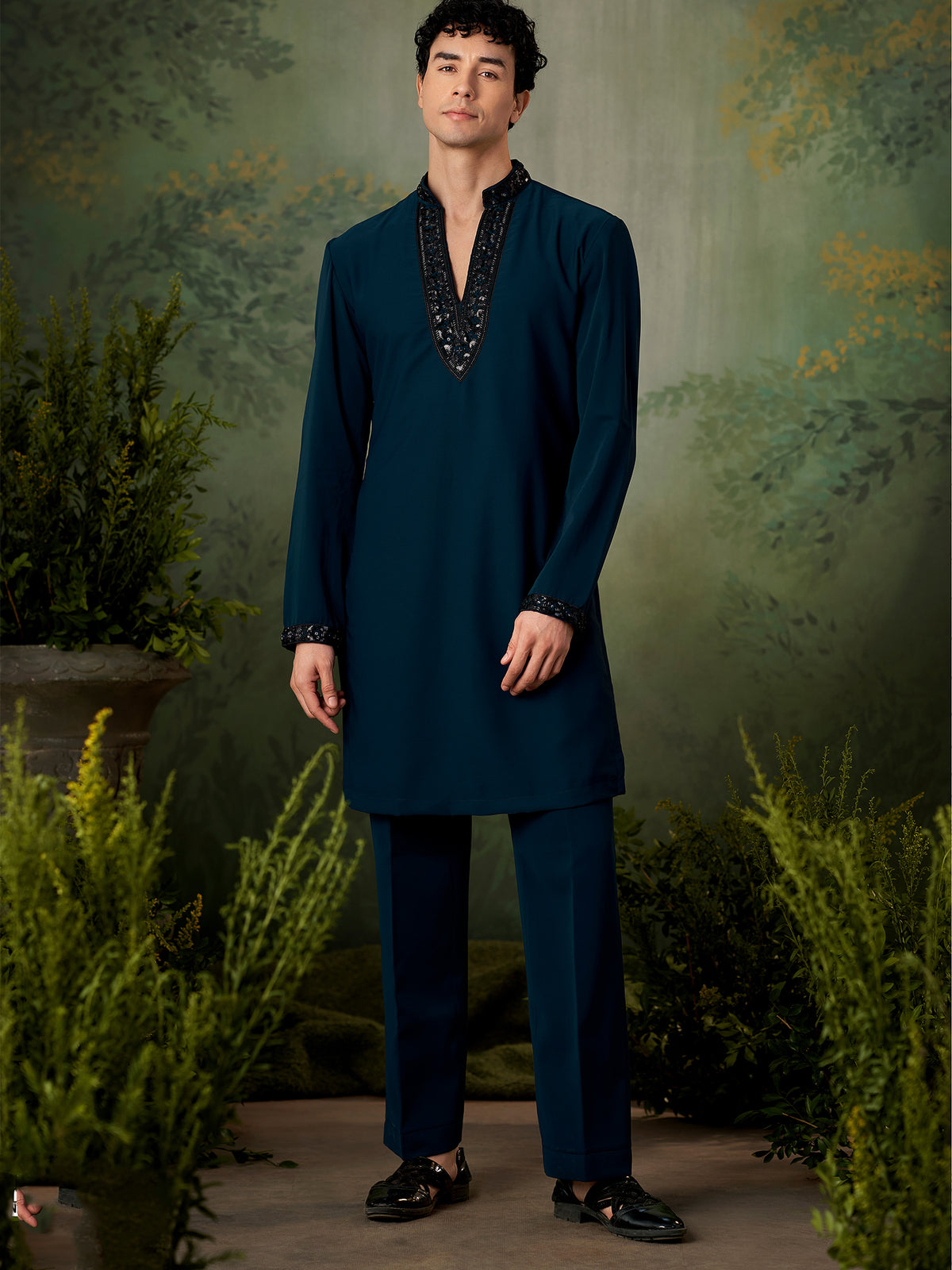 Midnight Teal Designer Silk Kurta Set