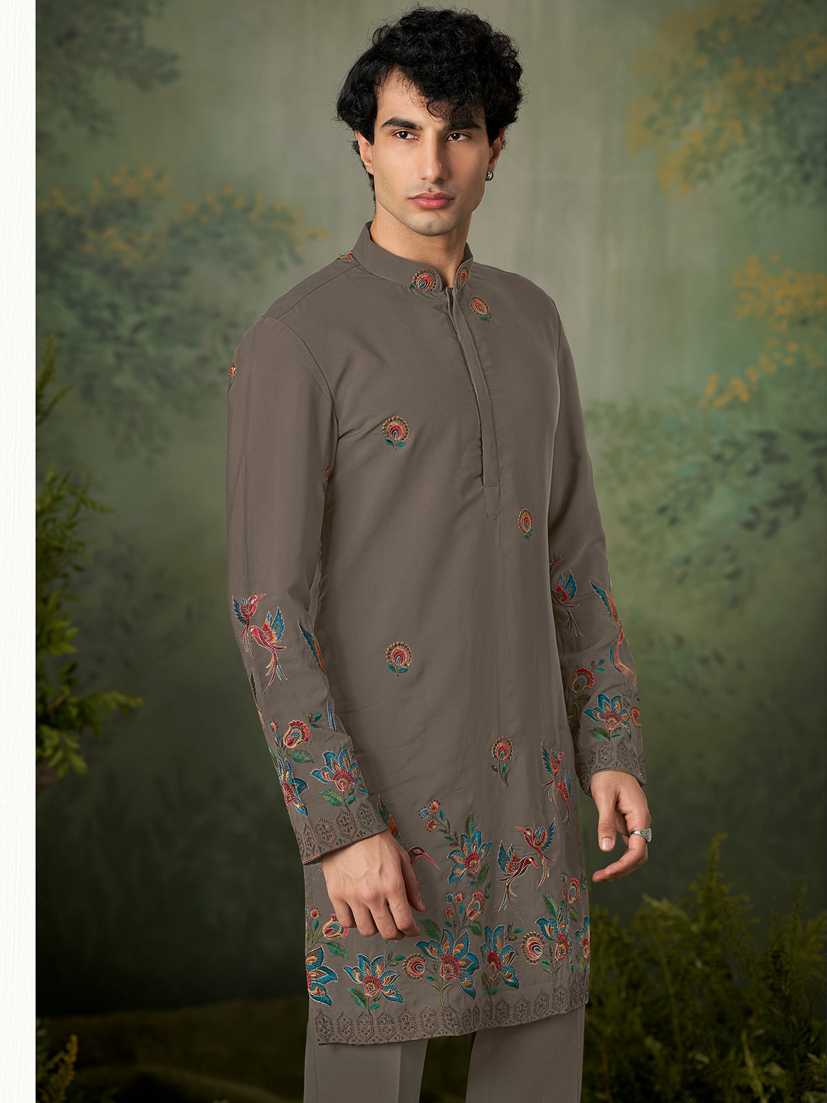 Brown Multicolour Threadwork Silk Kurta