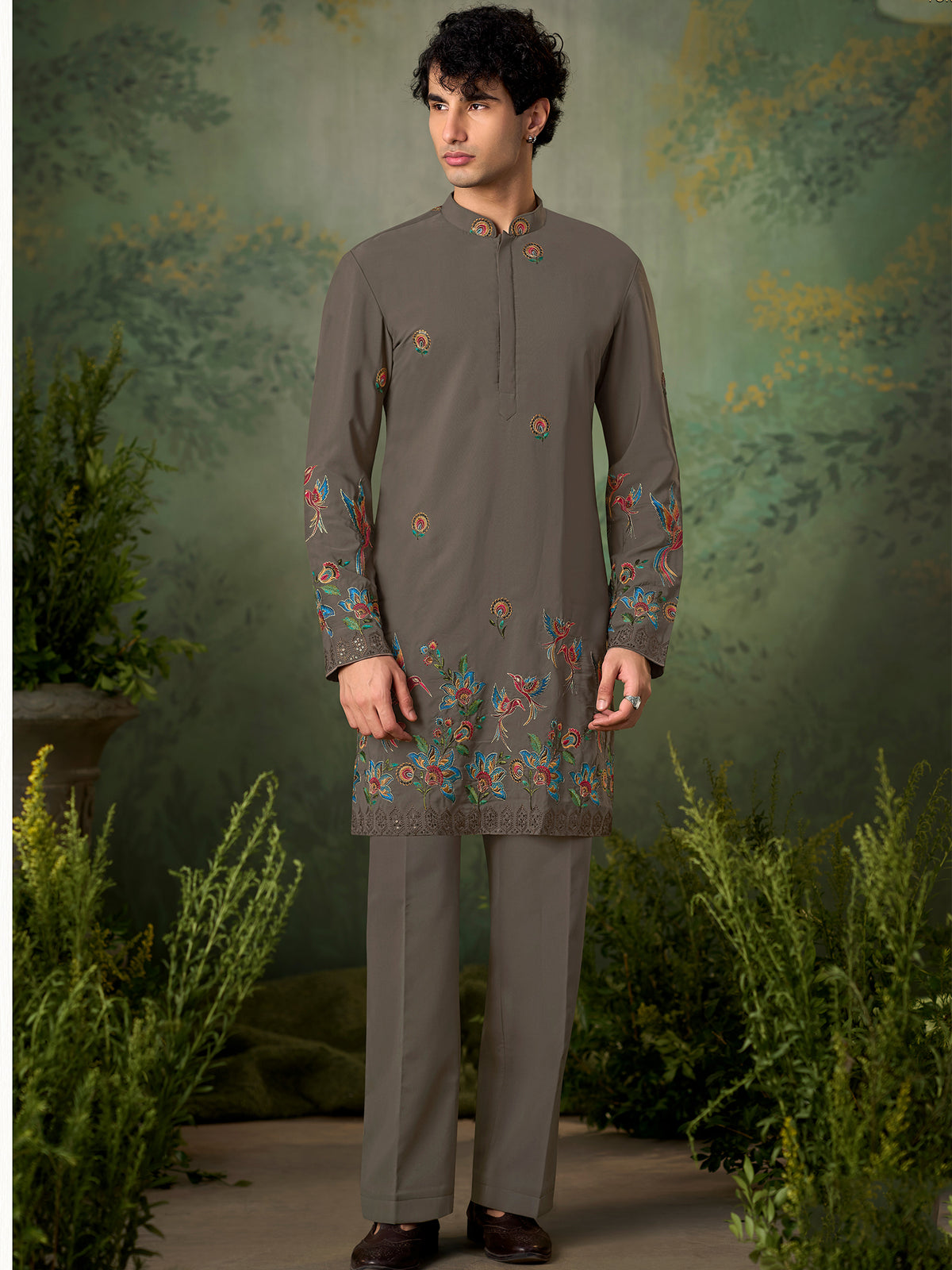 Brown Multicolour Threadwork Silk Kurta