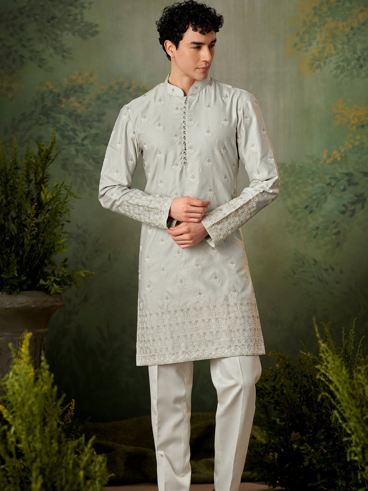 Light Grey Festive Threadwork Kurta