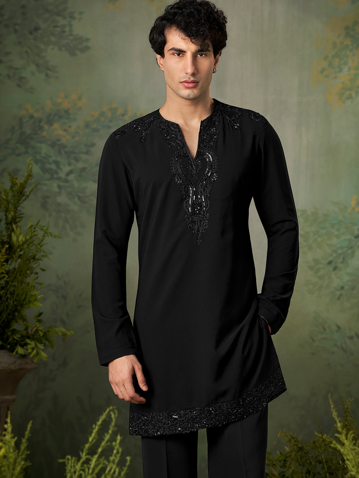 Black Textured Work Kurta Pajama