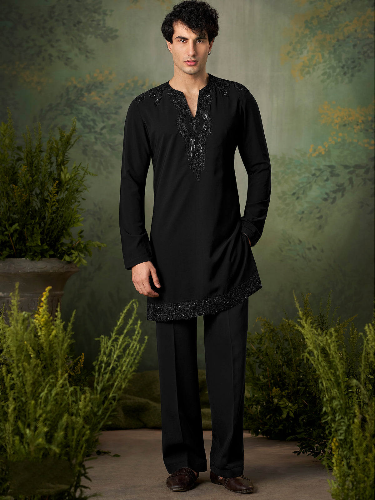 Black Textured Work Kurta Pajama