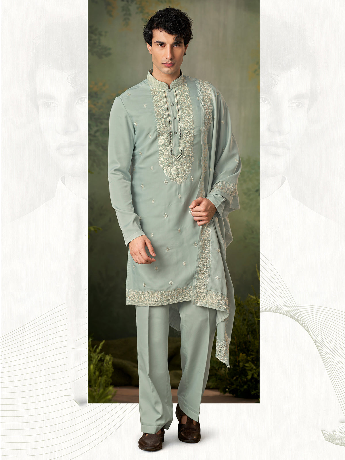 Mint Green Threadwork Kurta with Dupatta