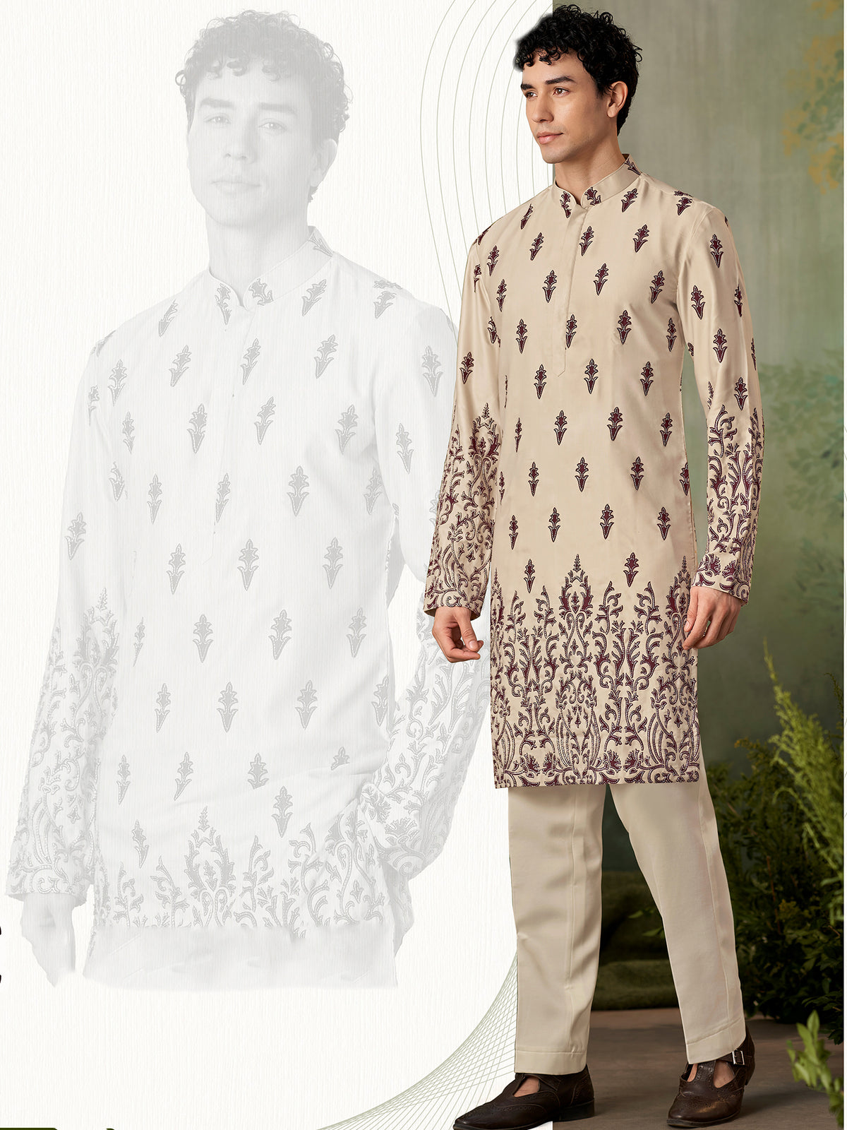 Beige Royal Embroidery Festive Kurta Set