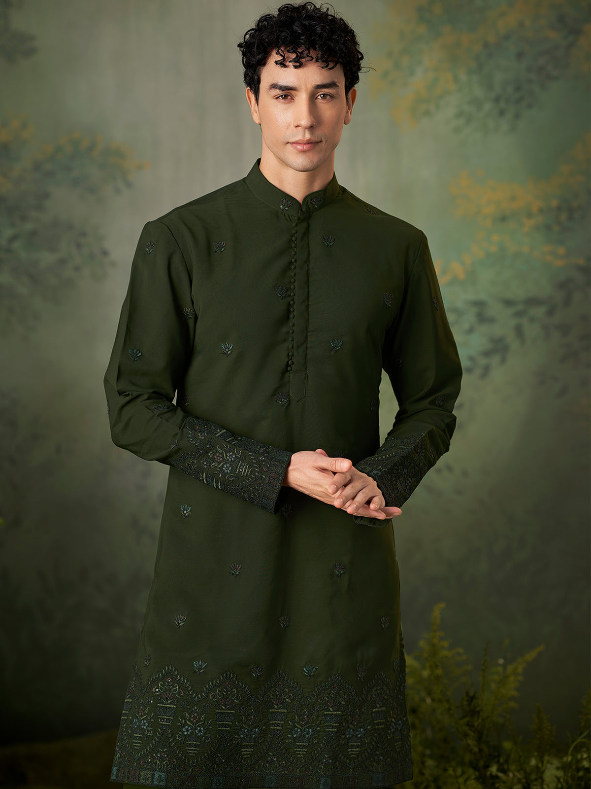 Olive Green Designer Silk Ethnic Kurta Pyjama