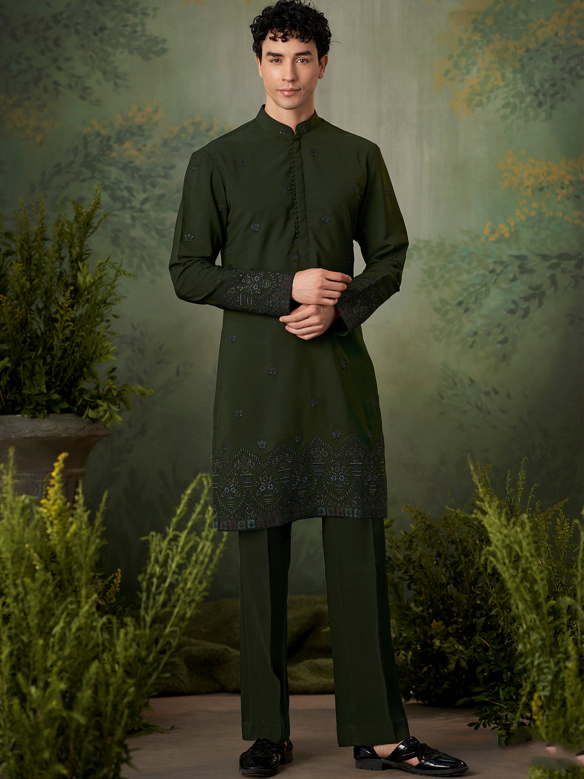 Olive Green Designer Silk Ethnic Kurta Pyjama