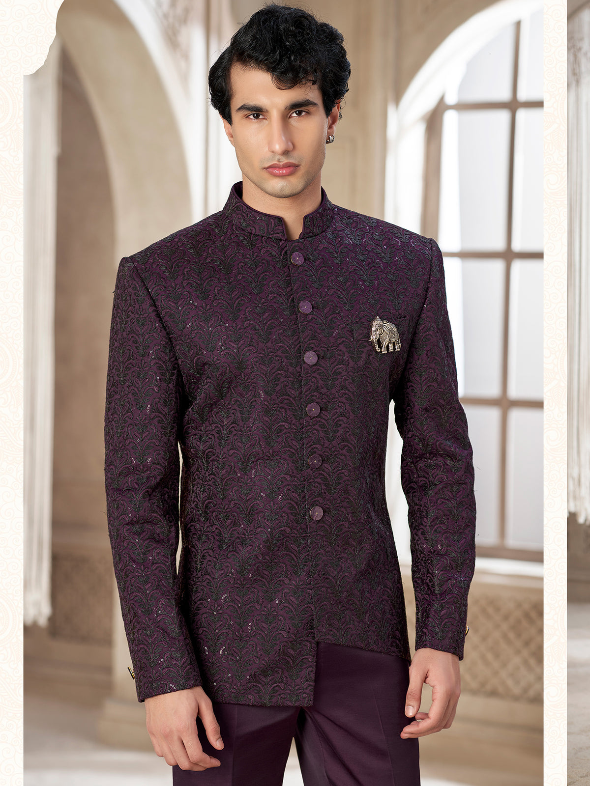 Wine Textured Indo Western suit