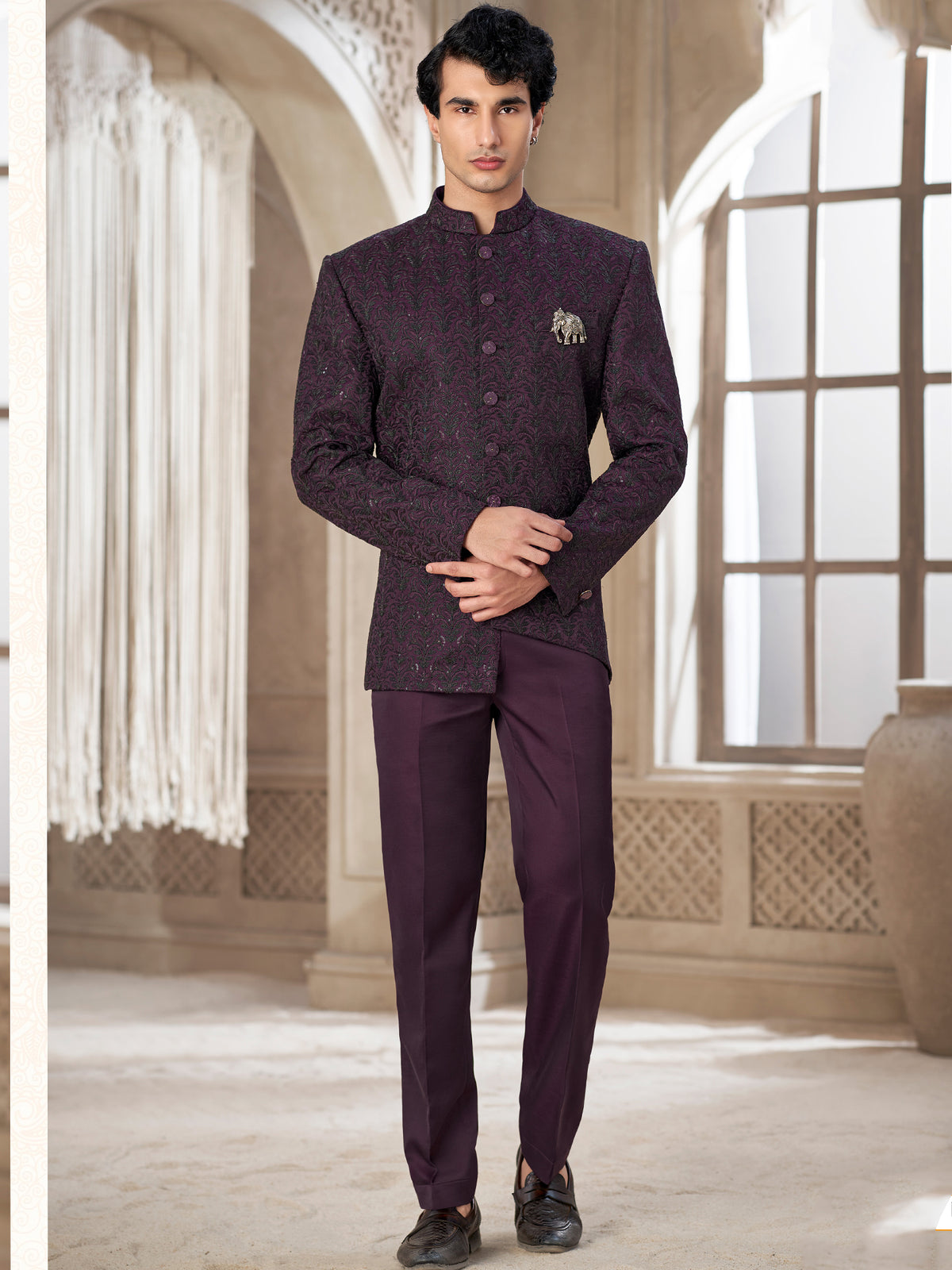 Wine Textured Indo Western suit