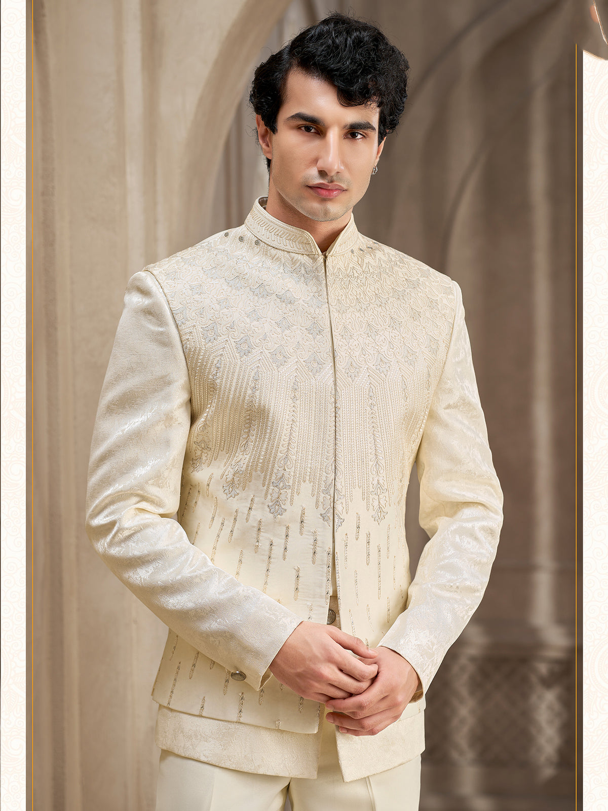 Cream Embroidered Indo Western Suit