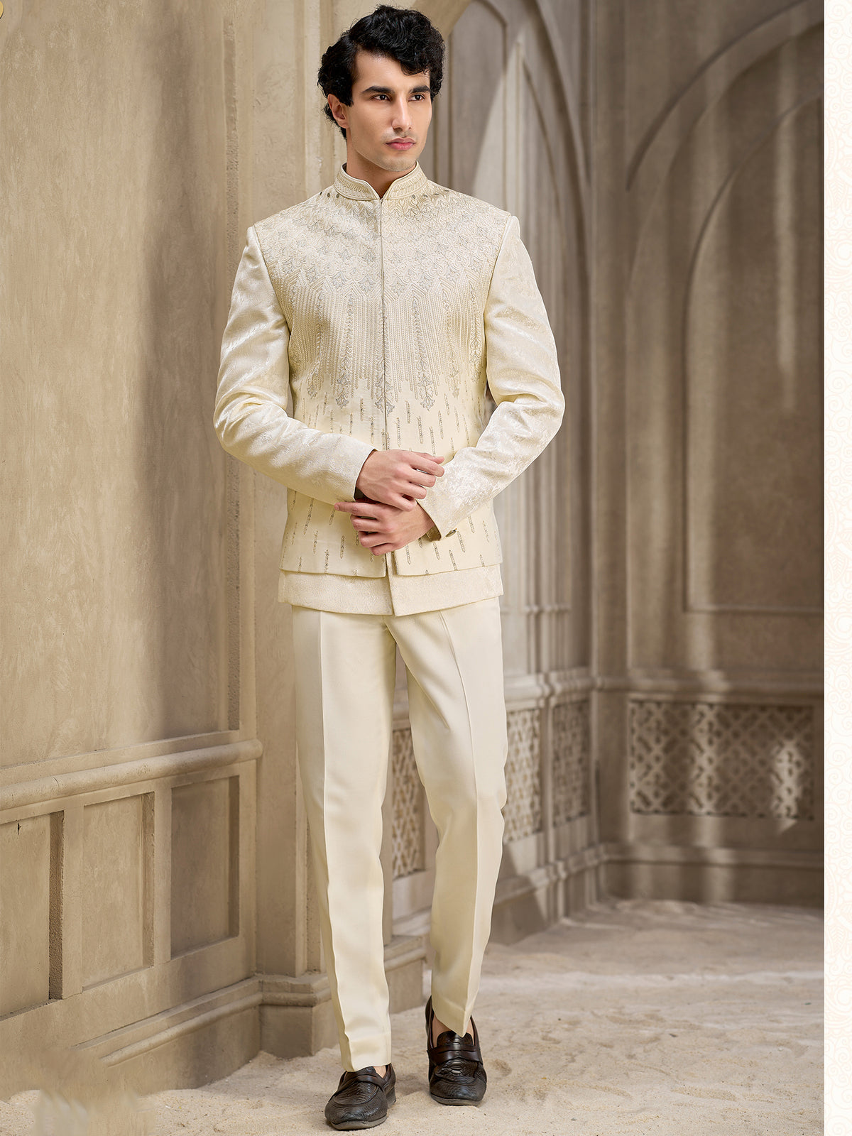 Cream Embroidered Indo Western Suit