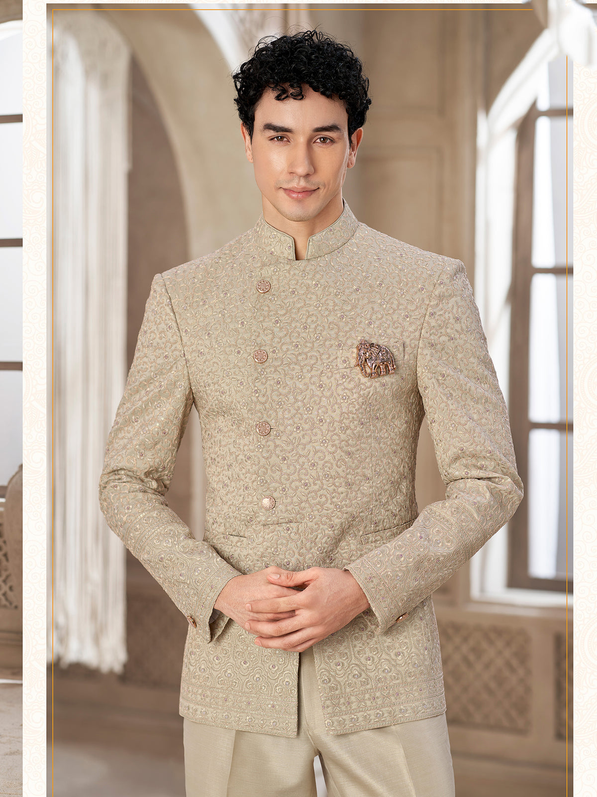 Beige Royal Embroidery indowestern suit