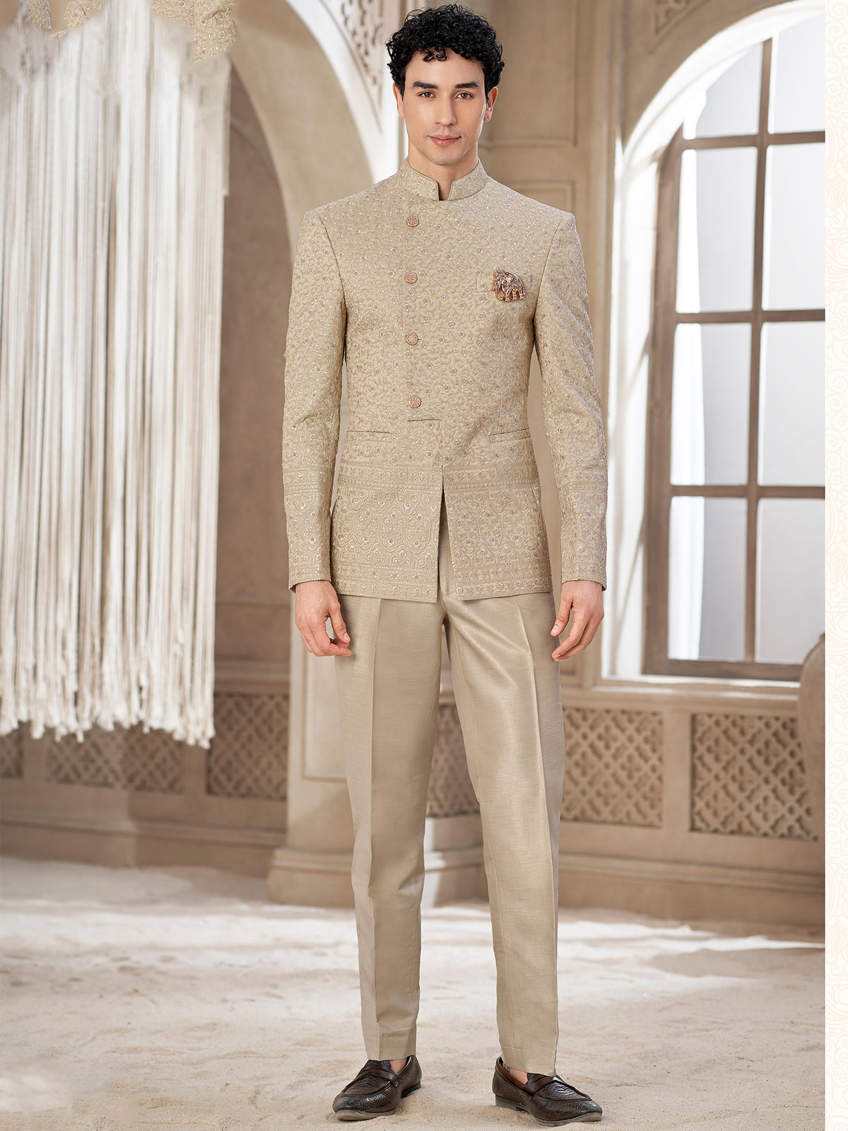 Beige Royal Embroidery indowestern suit