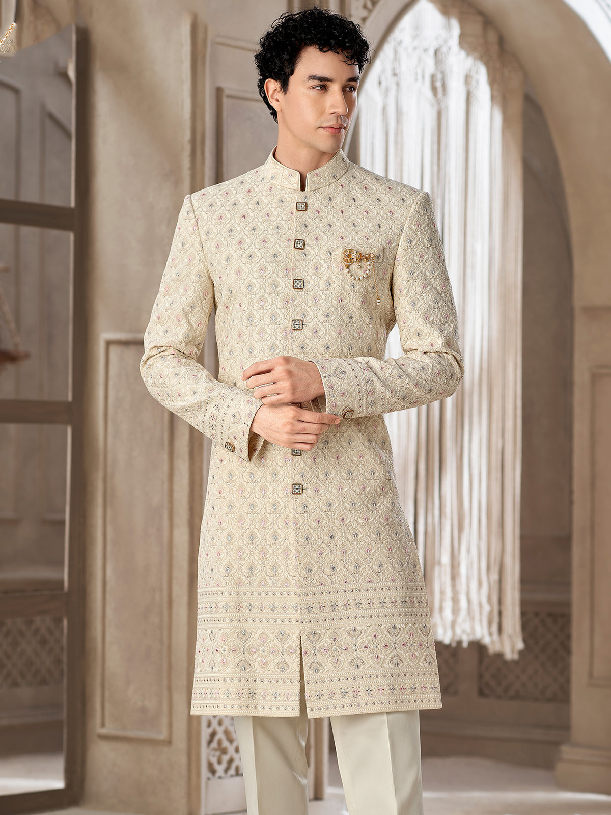 Cream Floral Border Embroidered Indowestern Suit