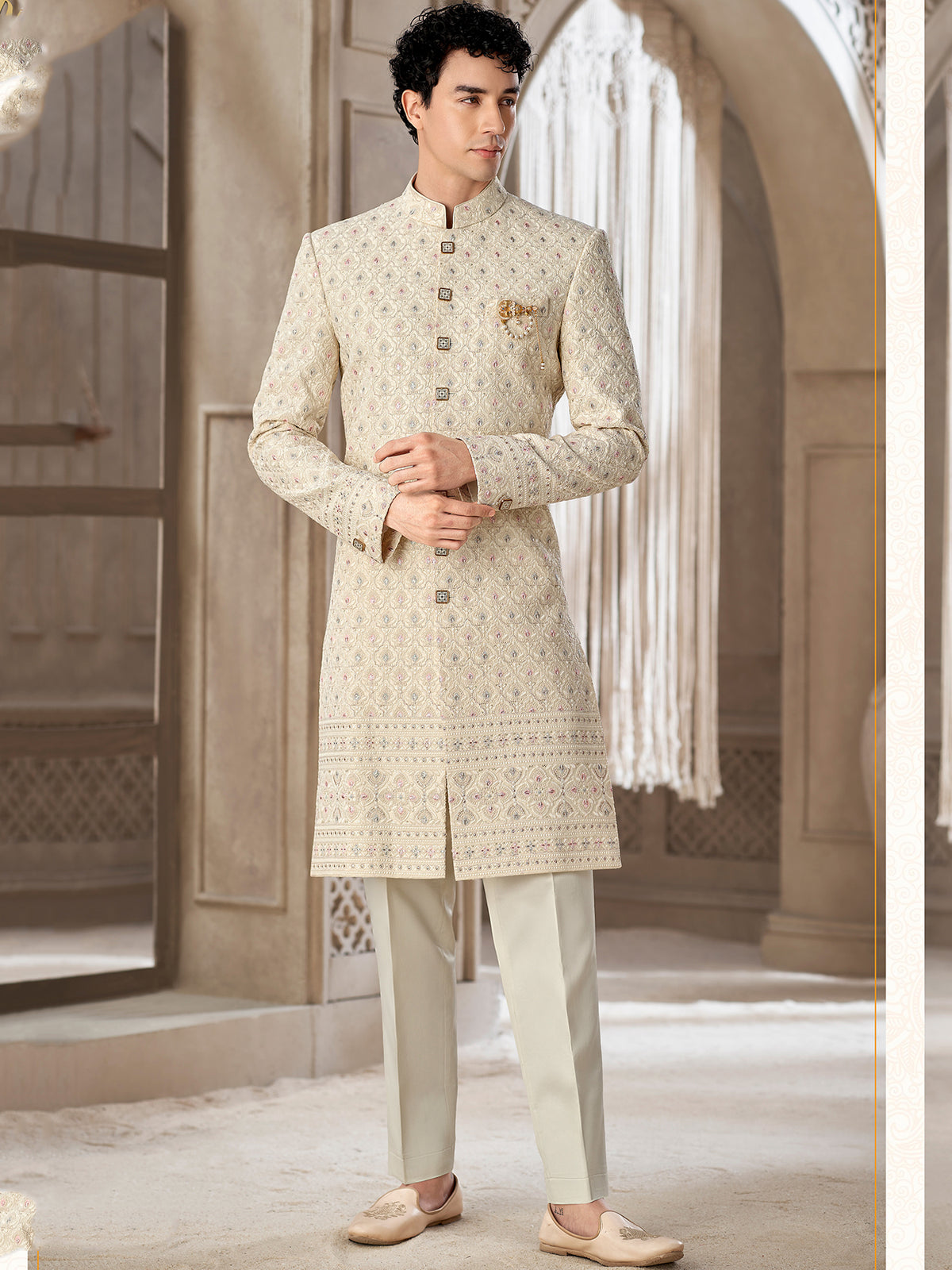Cream Floral Border Embroidered Indowestern Suit