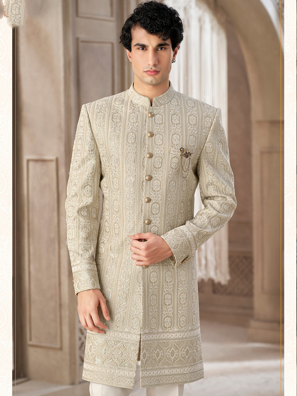 Cream Royal Pattern Indo Western Suit