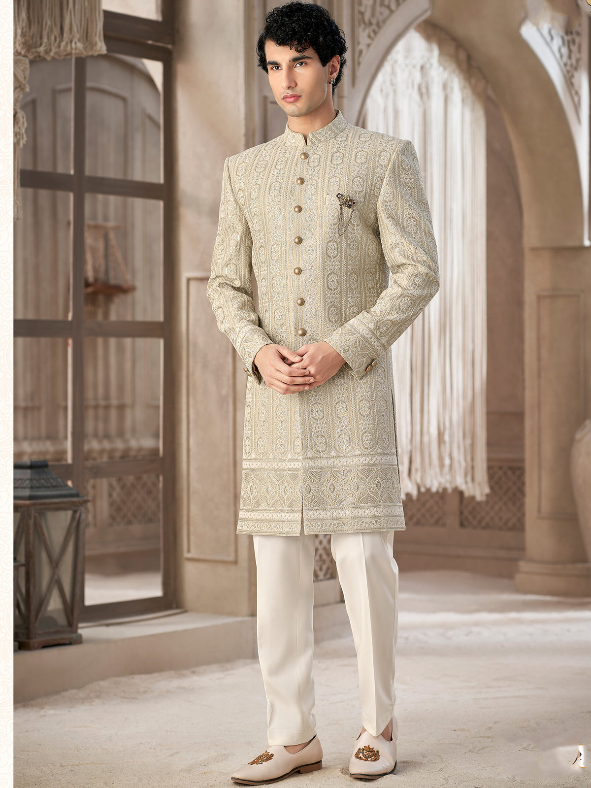 Cream Royal Pattern Indo Western Suit
