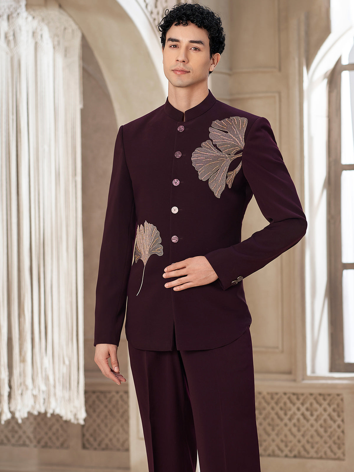 Maroon Floral Embroidery Indowestern Suit