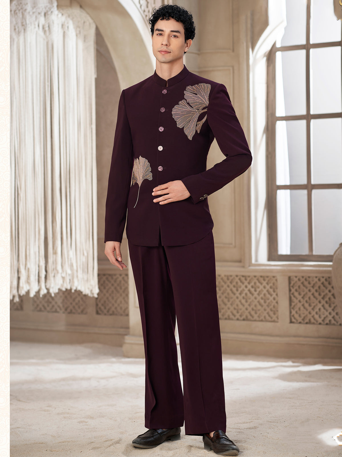 Maroon Floral Embroidery Indowestern Suit