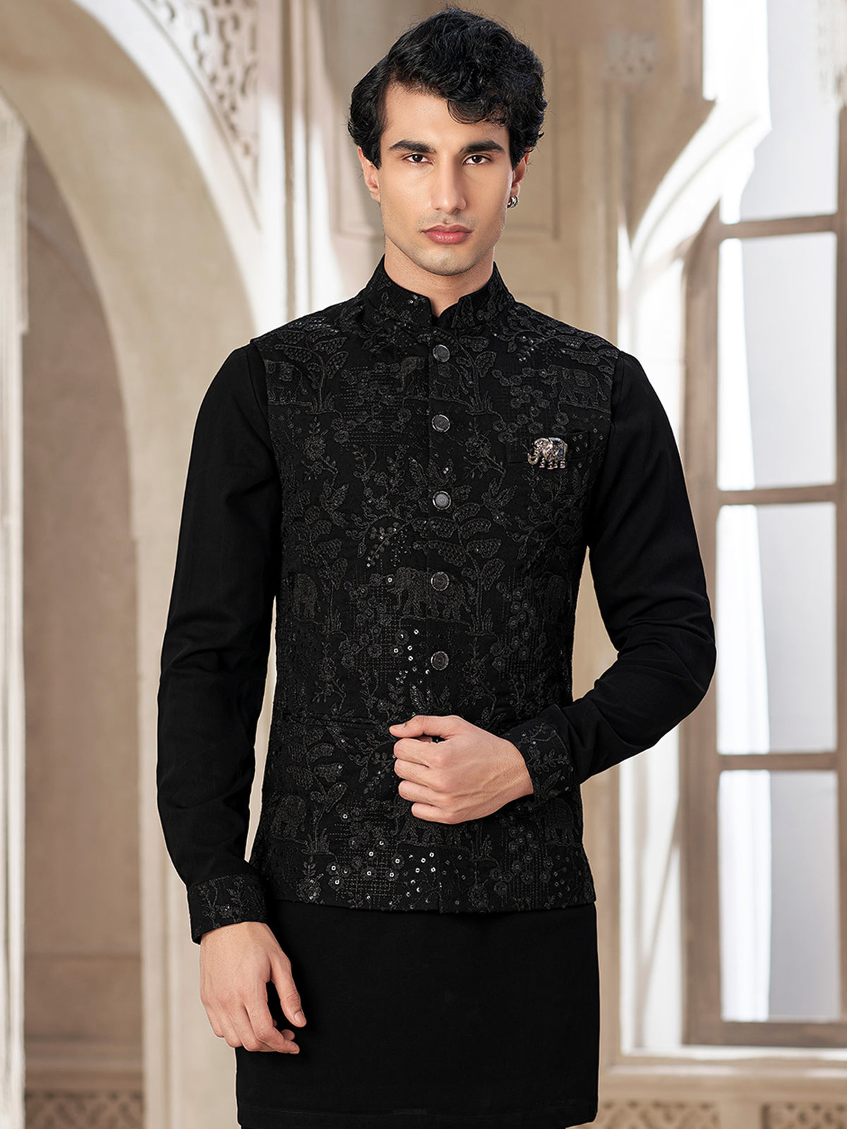 Black Festive Kurta Pajama and Embroidered Jacket