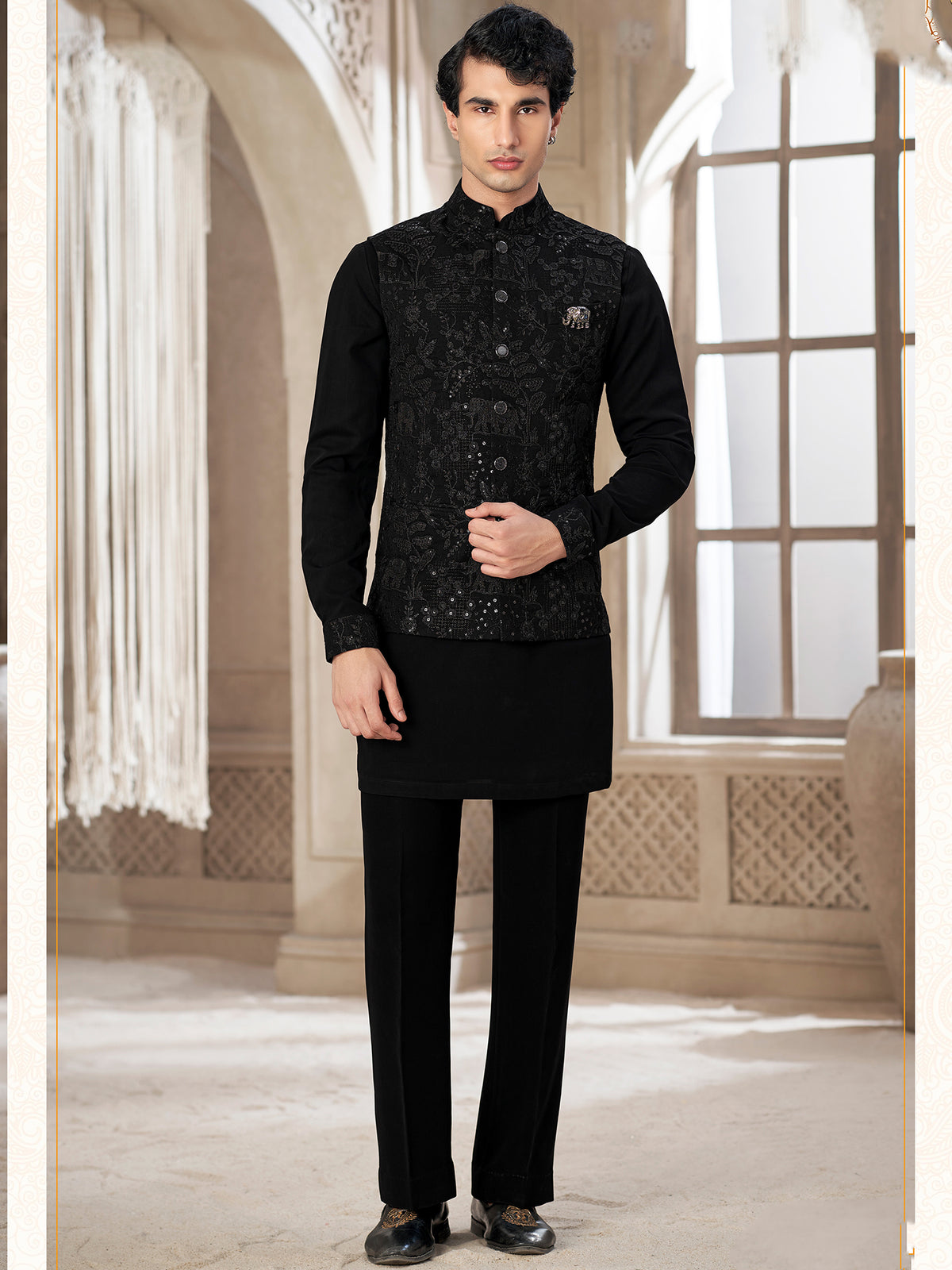 Black Festive Kurta Pajama and Embroidered Jacket