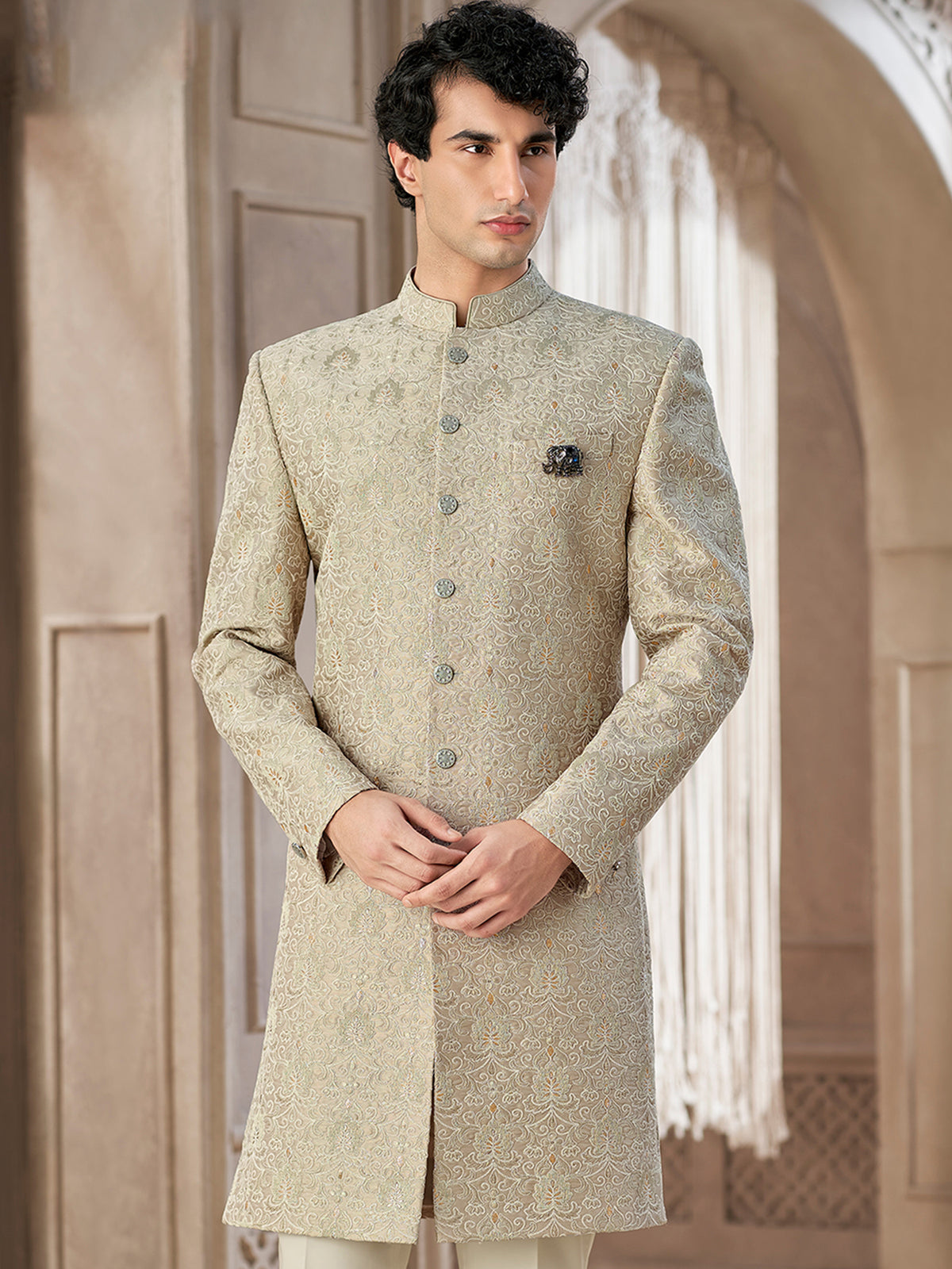 Beige Embroidered Indo Western Suit