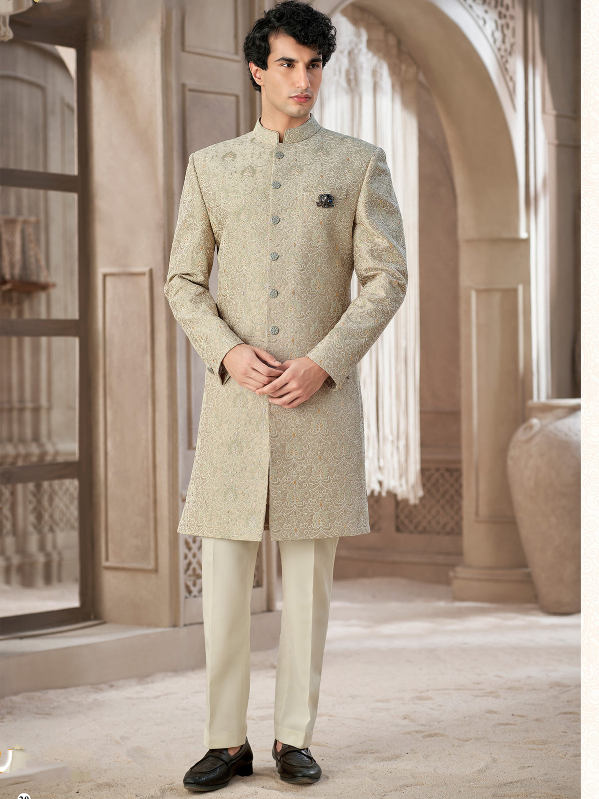 Beige Embroidered Indo Western Suit