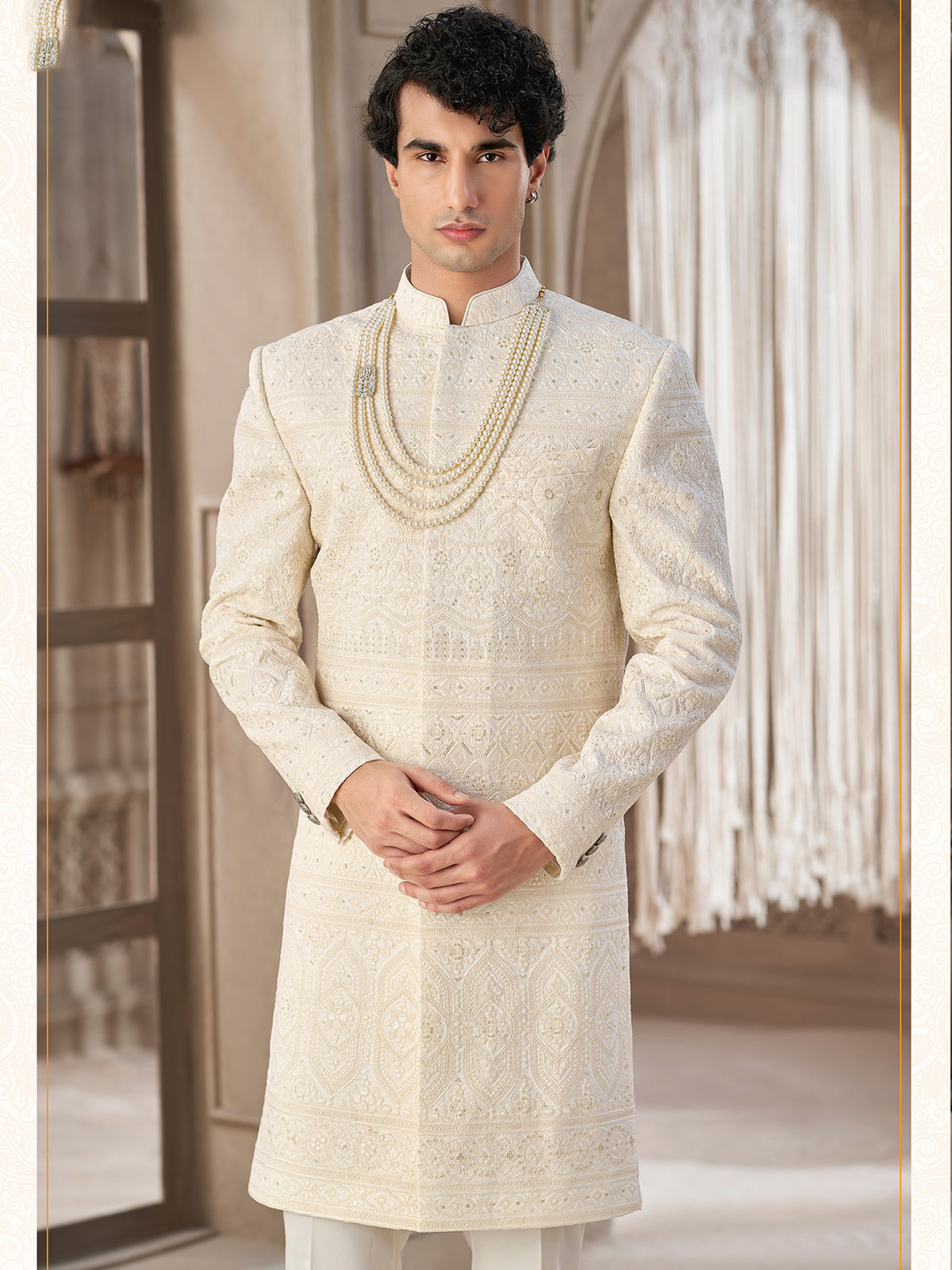 Pearl Ivory Wedding Wear Indo Western Sherwani