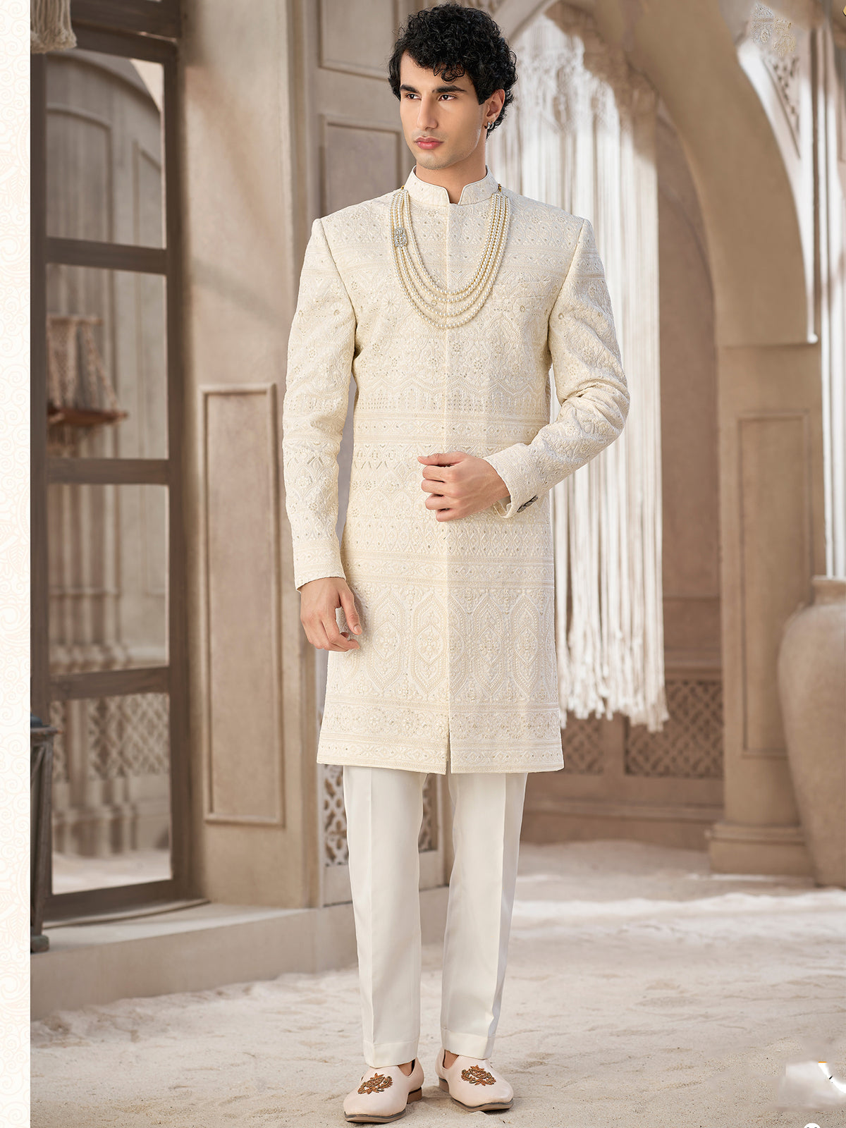 Pearl Ivory Wedding Wear Indo Western Sherwani