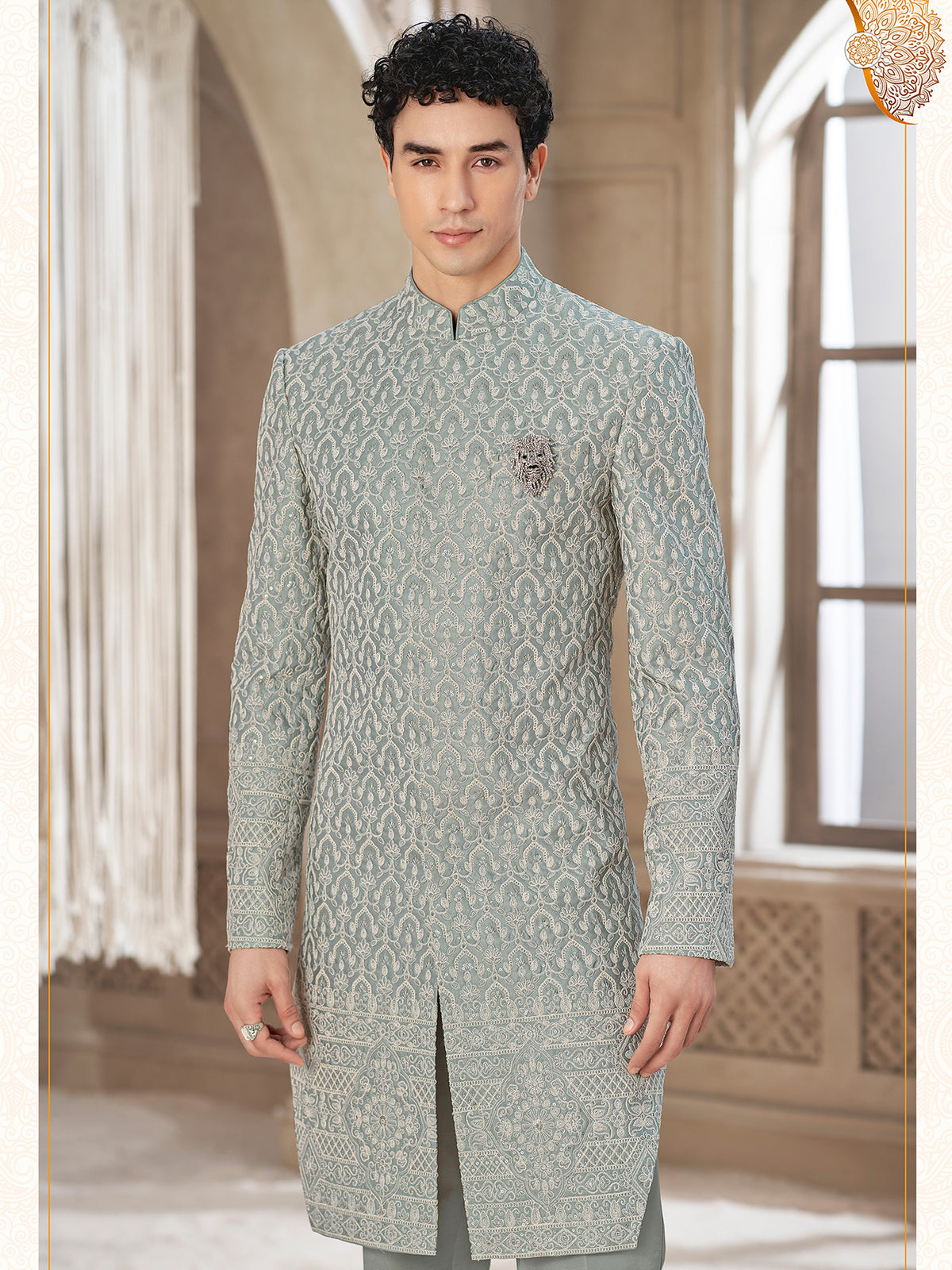 Sage Grey Ornate Embroidery Indowestern Suit