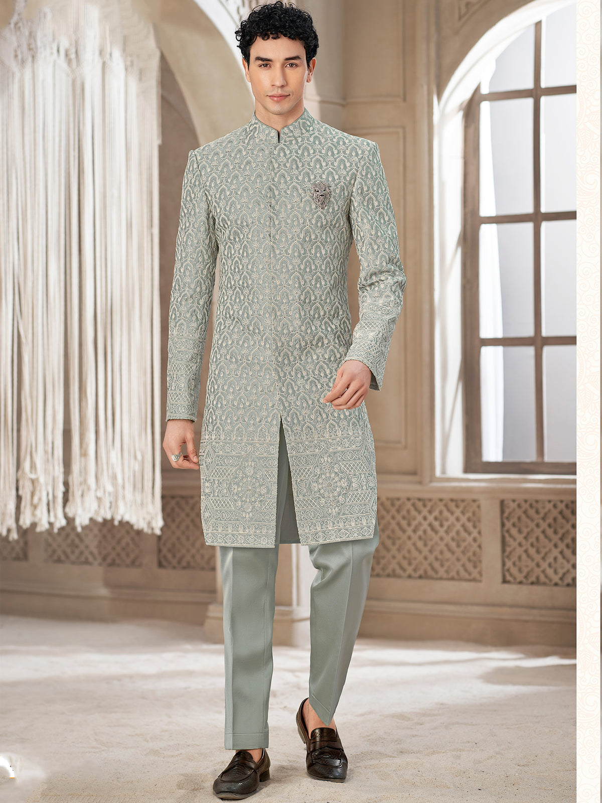 Sage Grey Ornate Embroidery Indowestern Suit