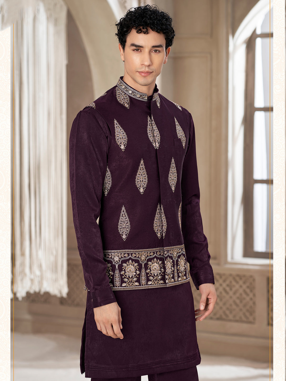 Burgundy Ethnic Embroidered Kurta Pajama with Jacket