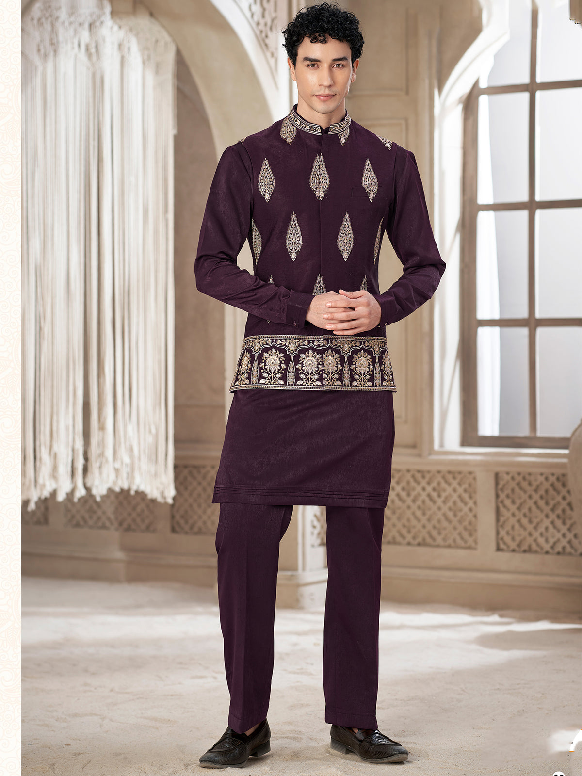 Burgundy Ethnic Embroidered Kurta Pajama with Jacket