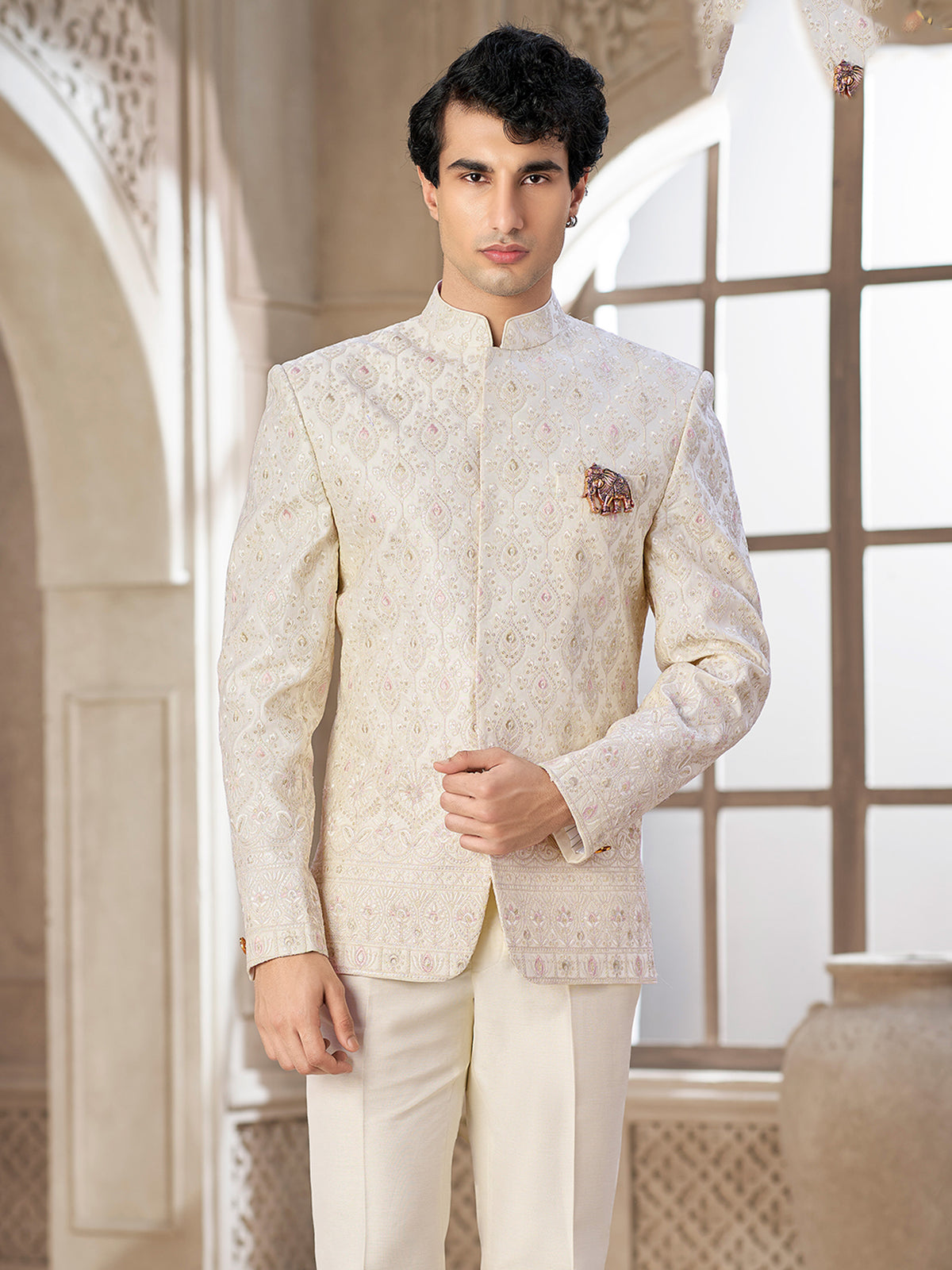 Cream Heritage Embroidery Indowestern Suit
