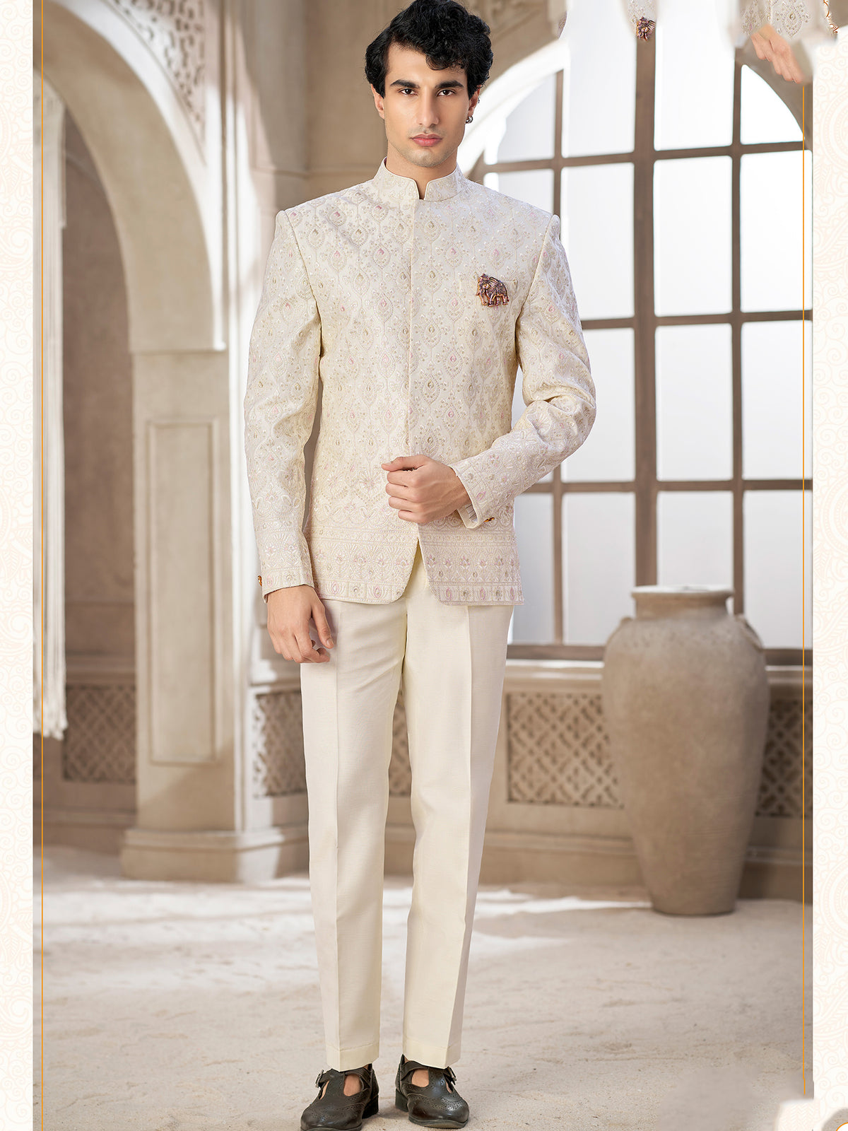 Cream Heritage Embroidery Indowestern Suit
