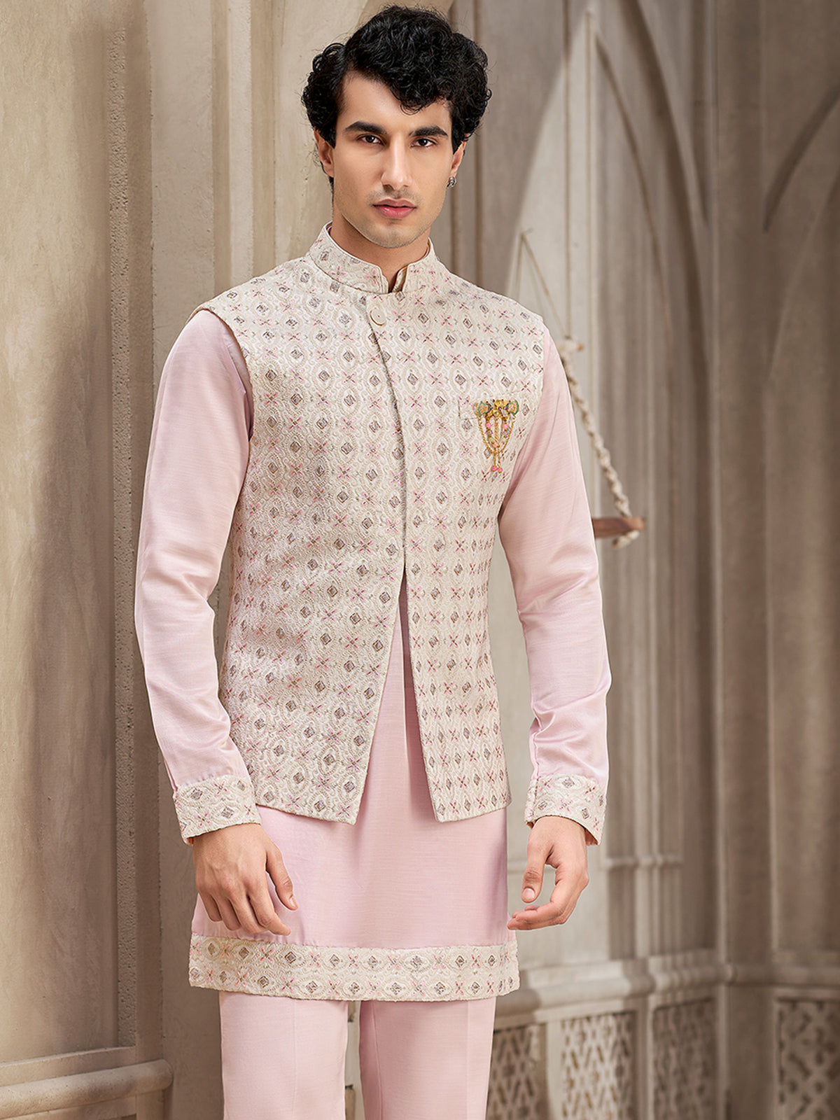 Blush Pink Embroidered Kurta Jacket Set