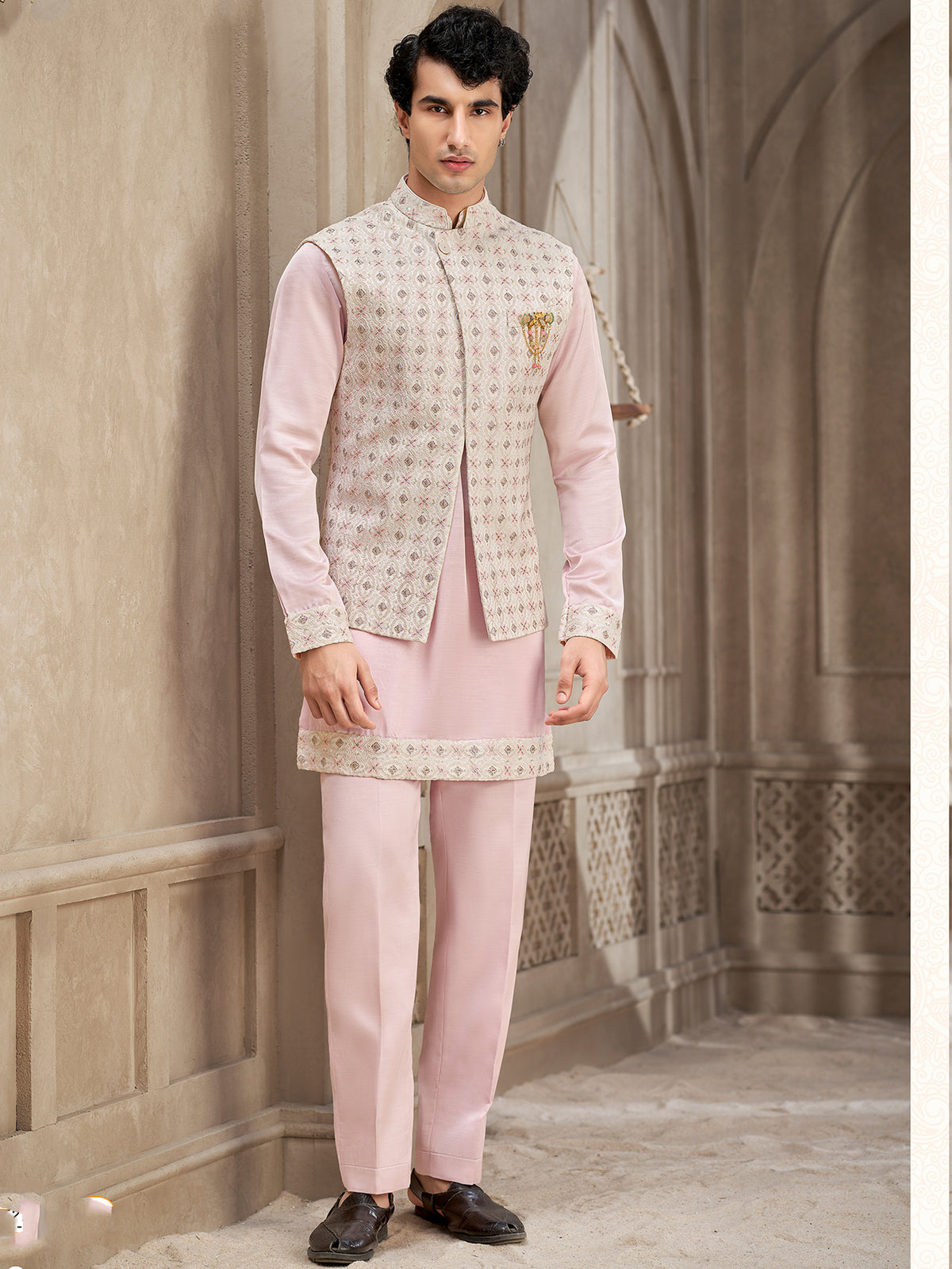 Blush Pink Embroidered Kurta Jacket Set