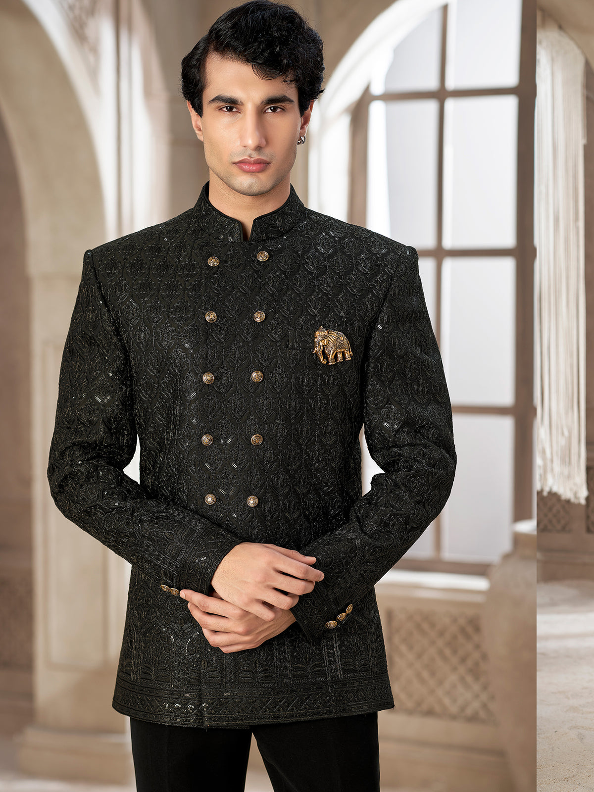 Black Embroidered Royal Indowestern Suit