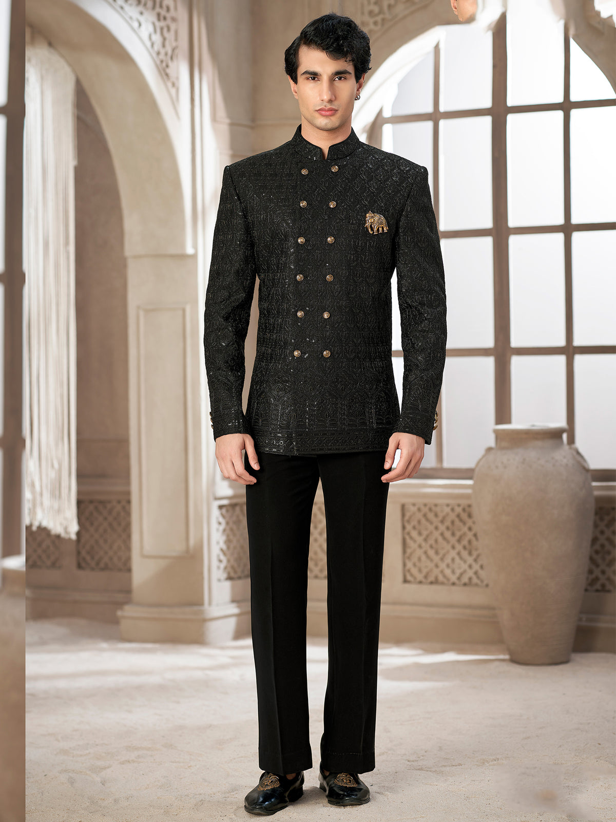Black Embroidered Royal Indowestern Suit