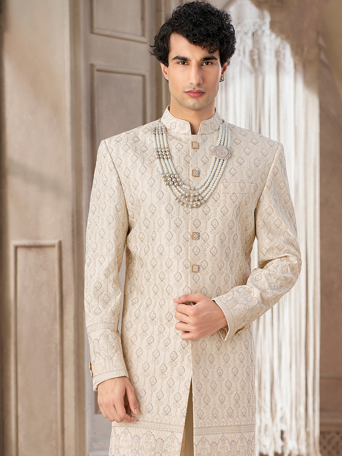 Cream Embroidered Indo Western Sherwani