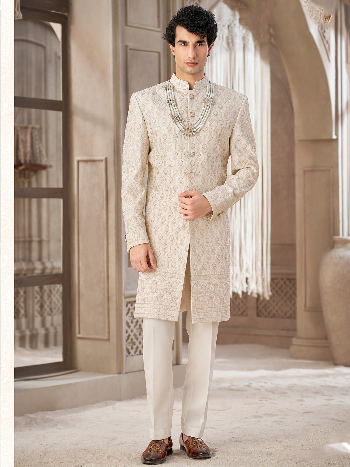Cream Embroidered Indo Western Sherwani